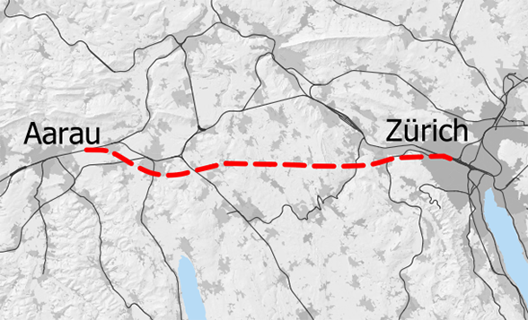 Visualizzazione del collegamento diretto Aarau–Zurigo